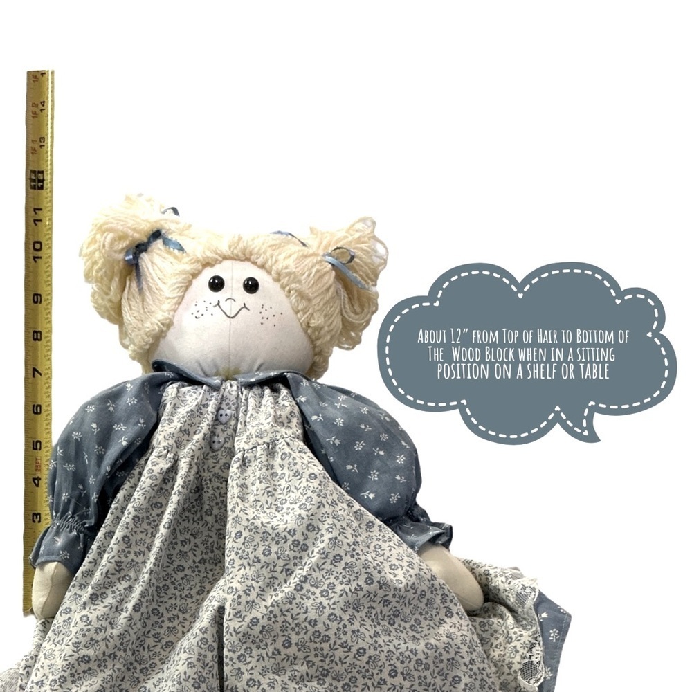 Shelf Sitter Rag Doll Hand Made Yarn Hair  Blue Floral Dress 24 Inch - Picture 2 of 13